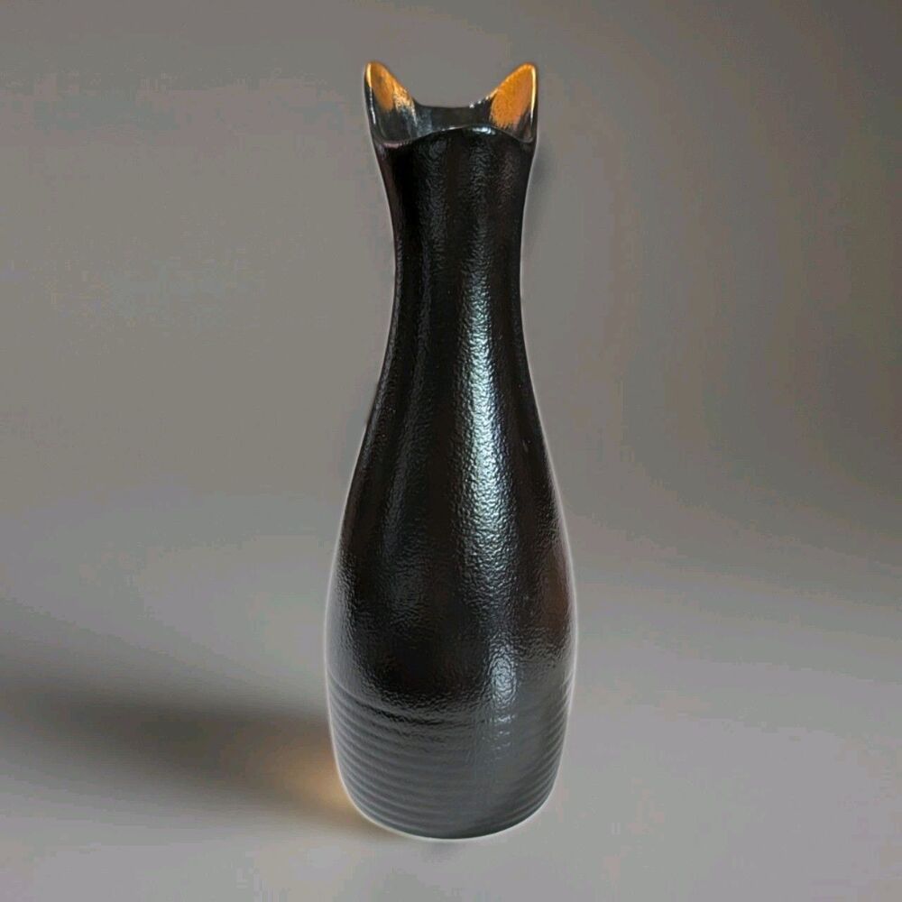Cat Lady Box Black Cat Vase 9" Tall Gold Ears Ceramic Shiny Round Excellent